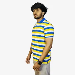 Men's Blue Yellow White Striped Polo T-Shirt | Premium Cotton Regular Fit